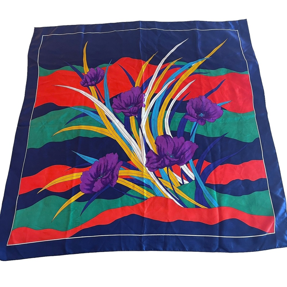 Silky Scarf Shawl 34" Square Bright Multicolor Floral Purple Poppies Retro Art